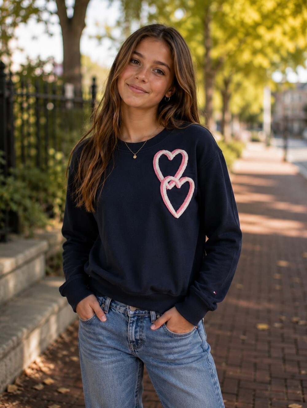Tommy Hilfiger Navy Sweatshirt with Pink Double Hearts
